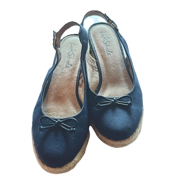 Lifestride Denim Espadrille Sling Back Shoes Blue Size 10W 2" Heel Front Bow - Picture 1 of 10
